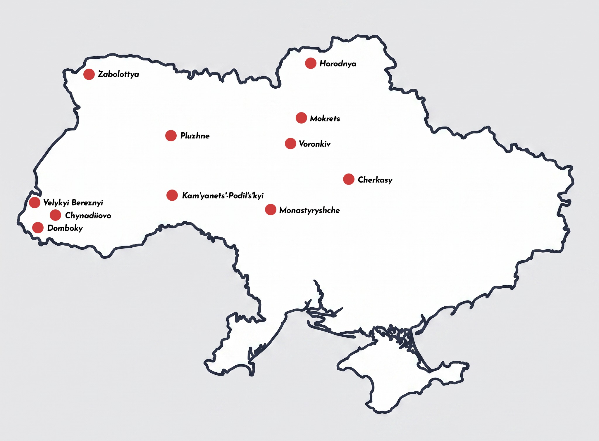 Map of Ukraine marking 11 partner orphanage sites with red dots